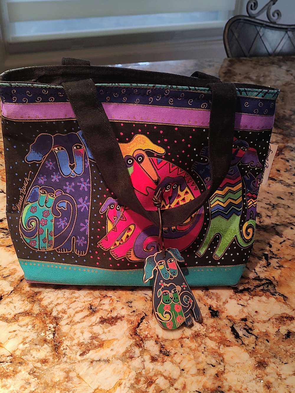 Laurel Burch Black Multicolor Playful Dog Tote with Teal Trim - Picture 2 of 11